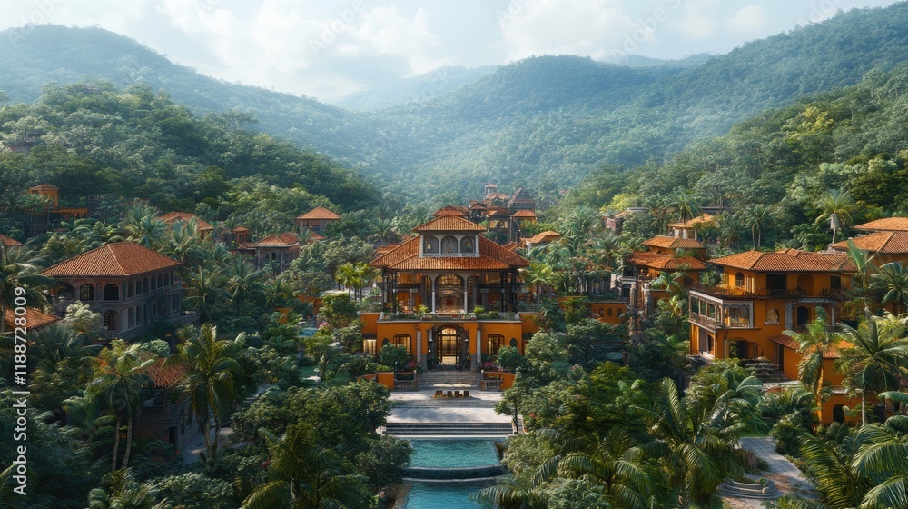 Tropical Resort with Villas Surrounded by Lush Green Mountains Tropical Resort with Villas Surrounded by Lush Green Mountains