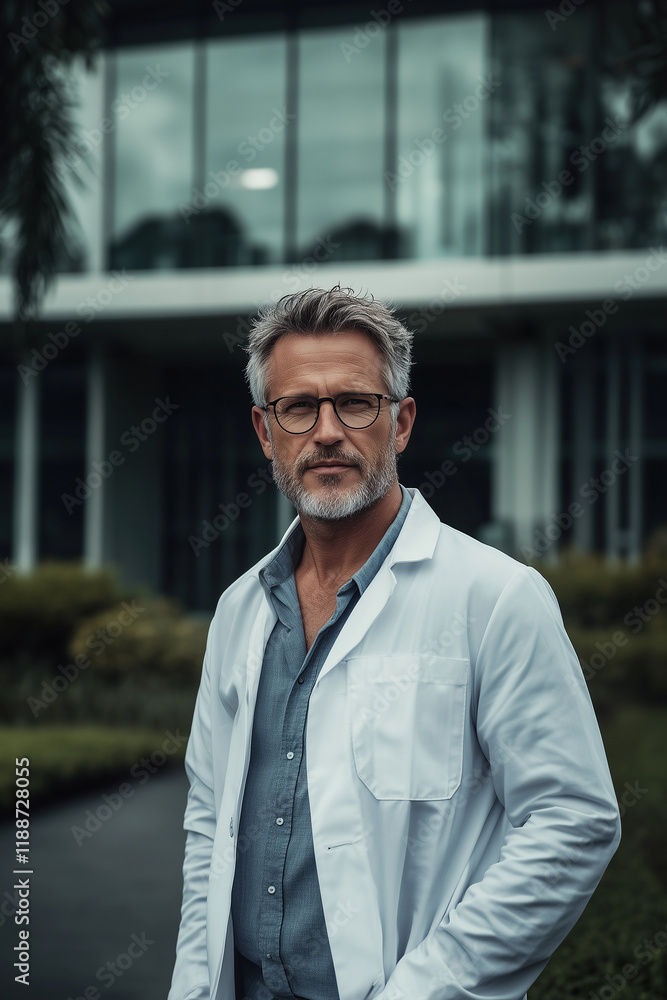 Experienced medical professional with a calm and poised expression in a modern environment Experienced medical professional with a calm and poised expression in a modern environment