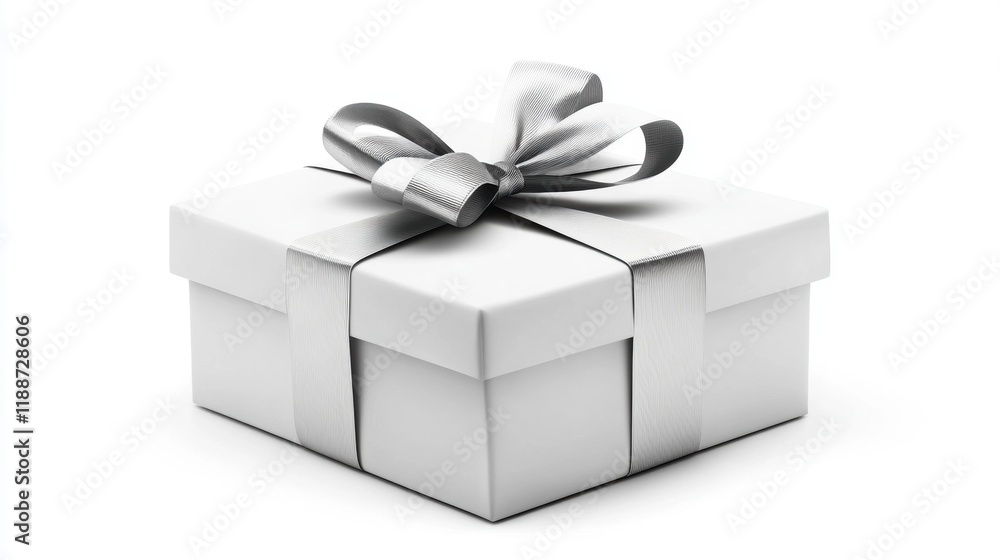 Obraz premium Elegant White Gift Box with Silver Ribbon on a Clean Background