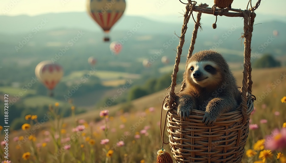 Naklejka premium sloth is flying in a hot air balloon