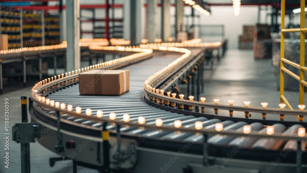 Naklejka premium Industrial conveyor belt, illuminated archway, warehouse interior, geometric patterns, warm lighting, metallic textures, futuristic logistics, automated sorting system, curved pathway, depth of field,