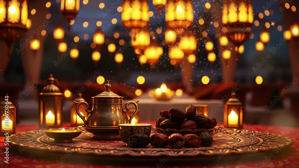 A traditional Arabic tea set and dates on a table, surrounded by glowing lanterns and warm Ramadan night lighting A traditional Arabic tea set and dates on a table, surrounded by glowing lanterns and warm Ramadan night lighting