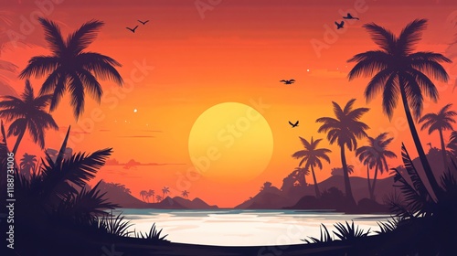 Stunning Tropical Sunset Silhouette Beach Palm Trees Landscape