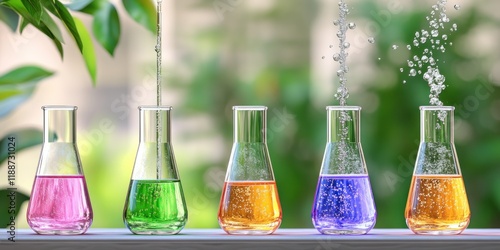 A chemist mixing different liquids in colorful beakers, with chemical reactions taking place in the background. photo