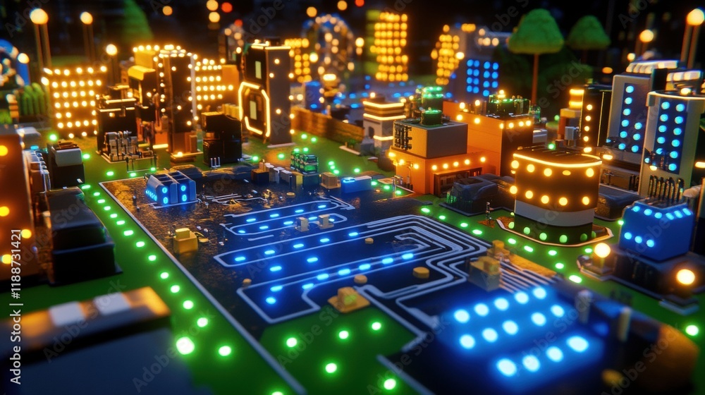 Colorful Circuit Board Cityscape with Illuminated Buildings and Trees Colorful Circuit Board Cityscape with Illuminated Buildings and Trees