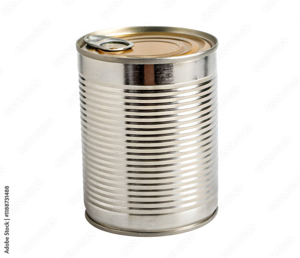 A shiny, silver aluminum can, isolated on white, is a blank, cylindrical metal container for storing canned food products A shiny, silver aluminum can, isolated on white, is a blank, cylindrical metal container for storing canned food products