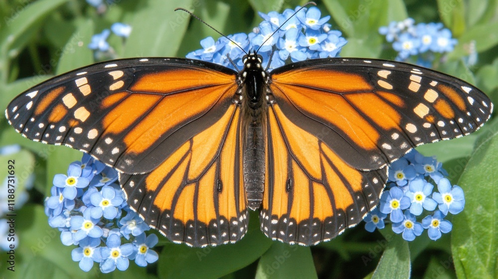 Fototapeta premium Vibrant Monarch Butterfly Perched on Delicate Blue Flowers