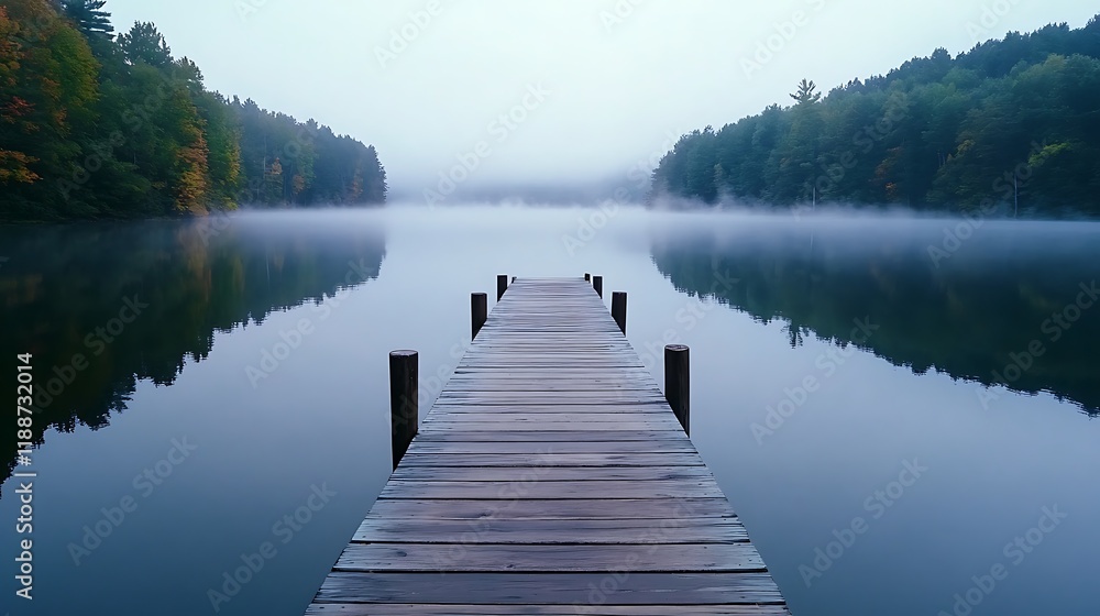 A wooden pier is in front of a lake A wooden pier is in front of a lake