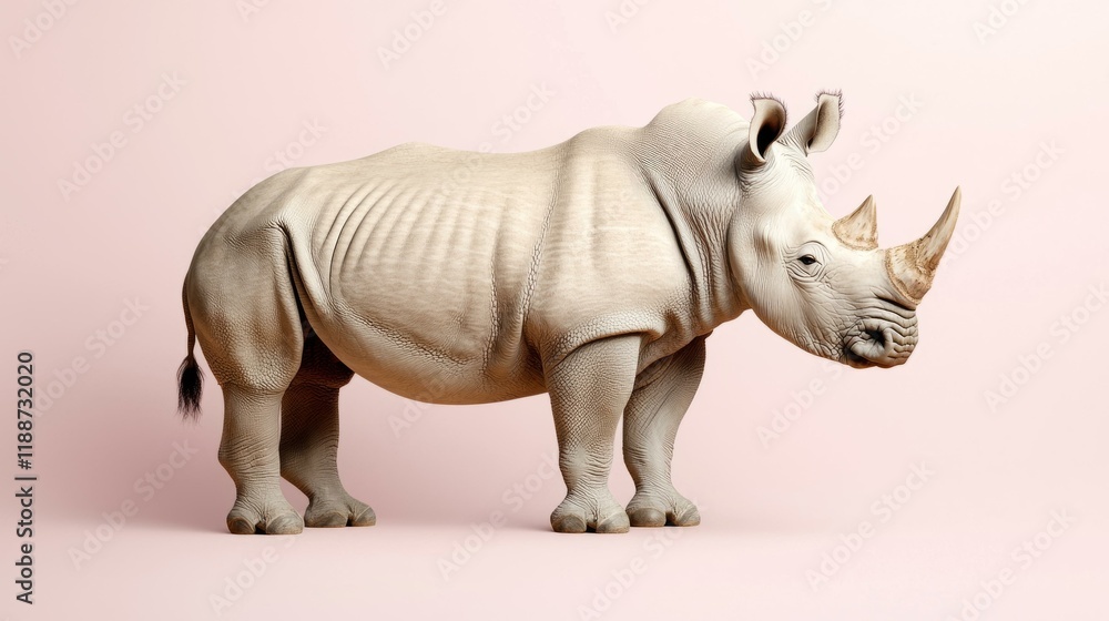 Fototapeta premium Majestic White Rhino Gracefully Posed Against Vibrant Pink Background Evoking Strong Emotions and Captivating Visual Appeal