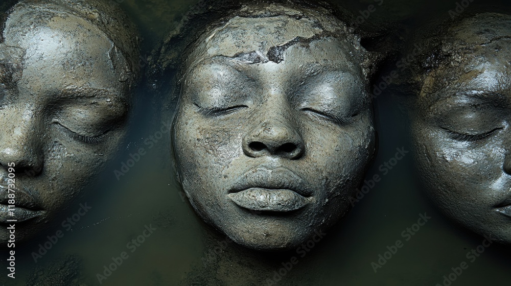 Obraz premium Ethereal Clay Sculptures with Serene Expressions in Mysterious Water