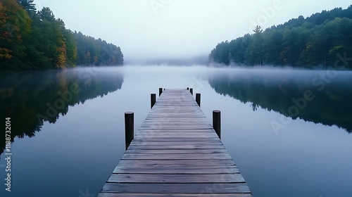 A wooden pier is in front of a lake