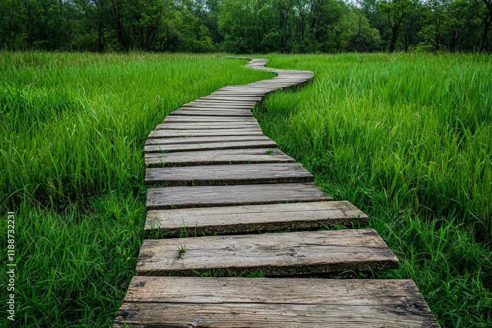 Fototapeta premium Peaceful Wooden Pathway Leading Through Lush Grassy Field Surrounded by Nature Evoking Calmness and Serenity in Outdoors