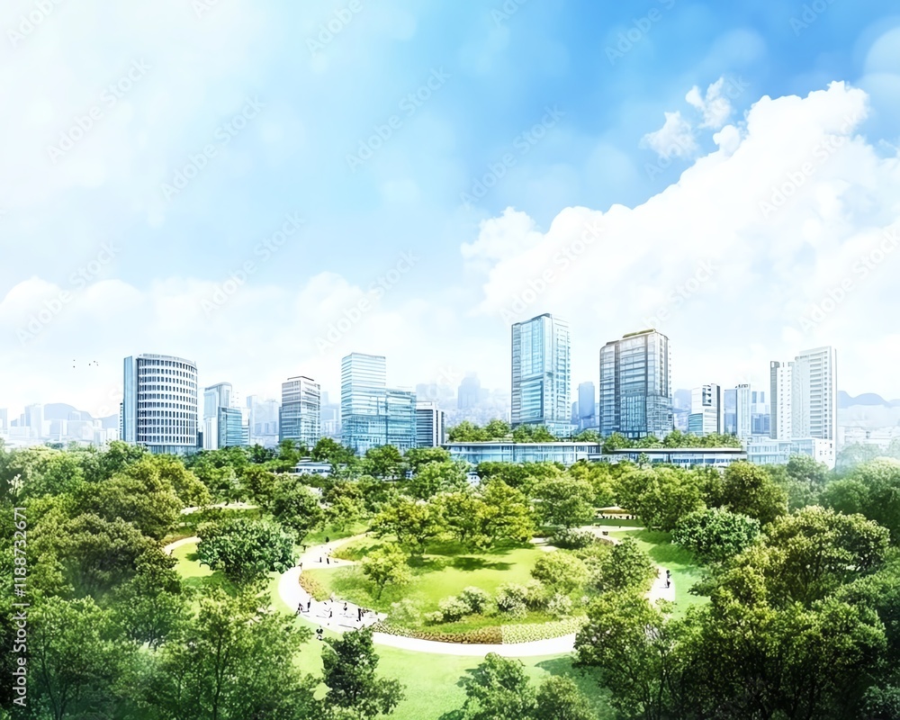 Fototapeta premium Modern city skyline integrated with lush green park. Sustainable urban design, eco-friendly cityscape, harmony of nature and architecture.