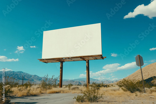white big empty mockup banner billboard in desert landscape with blue sky over road, advertising, commerce, marketing, promotion