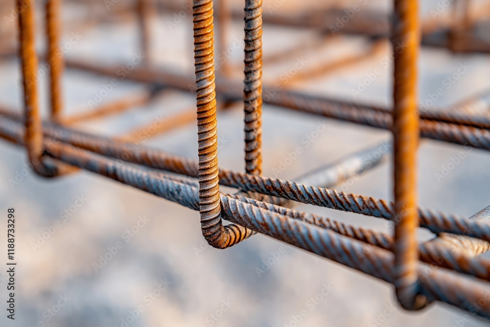 Closeup view of rebar grid reinforcement in concrete foundation construction. Steel bars form grid pattern. Rust marks show material exposed to environment. Crucial part of building structure. Metal Closeup view of rebar grid reinforcement in concrete foundation construction. Steel bars form grid pattern. Rust marks show material exposed to environment. Crucial part of building structure. Metal