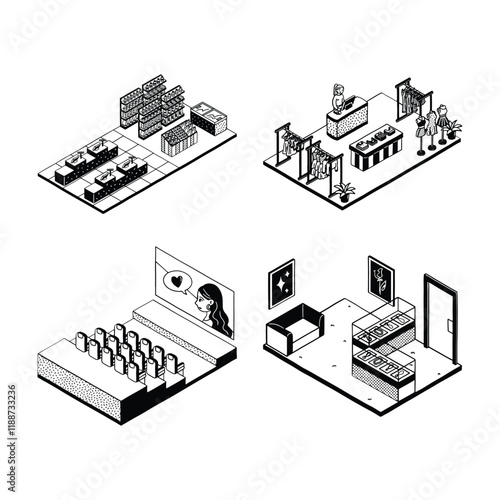 Retro isometric monoline doodle retail store shopping mall