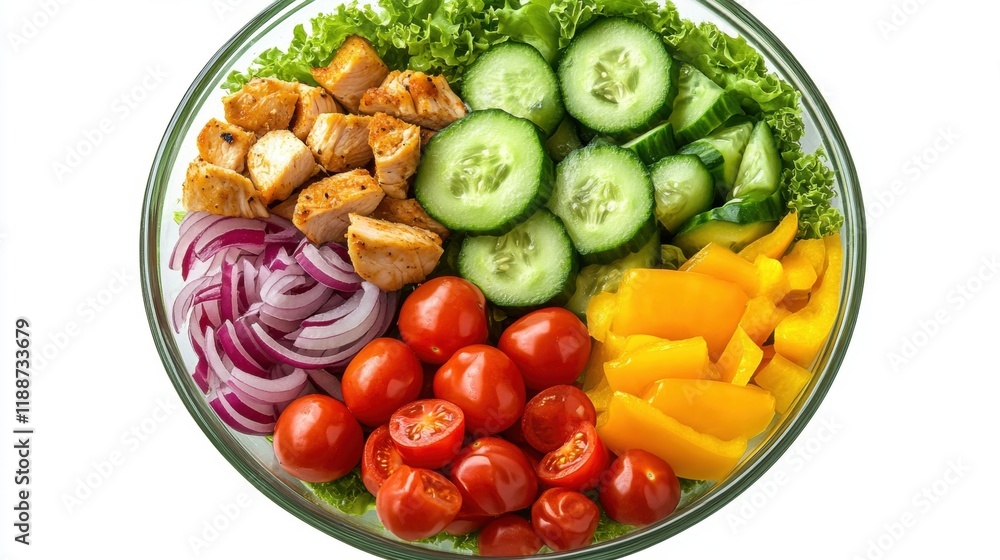 Fresh Colorful Salad with Chicken, Cucumbers, Tomatoes, and Peppers Fresh Colorful Salad with Chicken, Cucumbers, Tomatoes, and Peppers