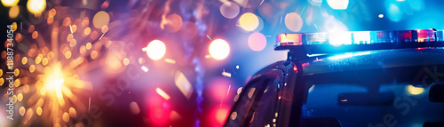 Emergency response vehicle with flashing lights at festive event, creating vibrant atmosphere