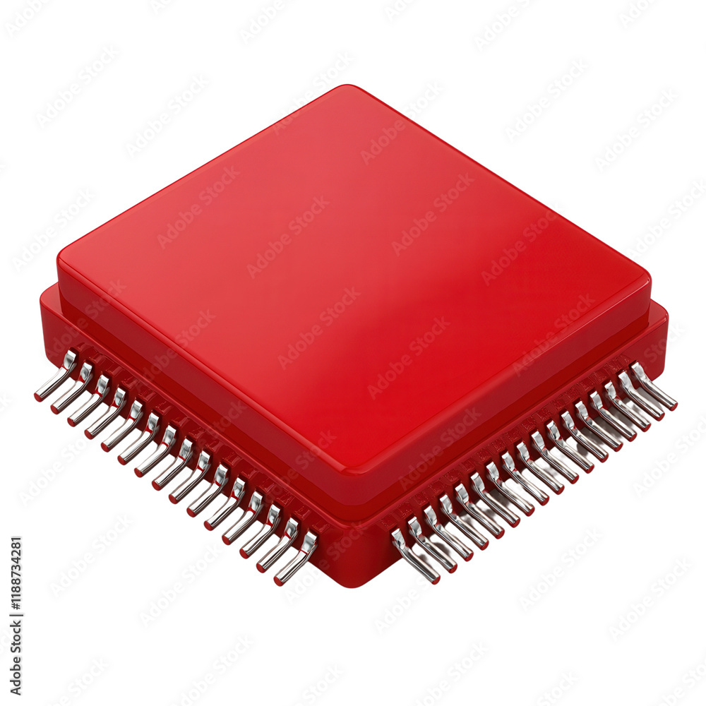 A vibrant red microchip with multiple metal pins, designed for electronic applications and circuit integration. A vibrant red microchip with multiple metal pins, designed for electronic applications and circuit integration.