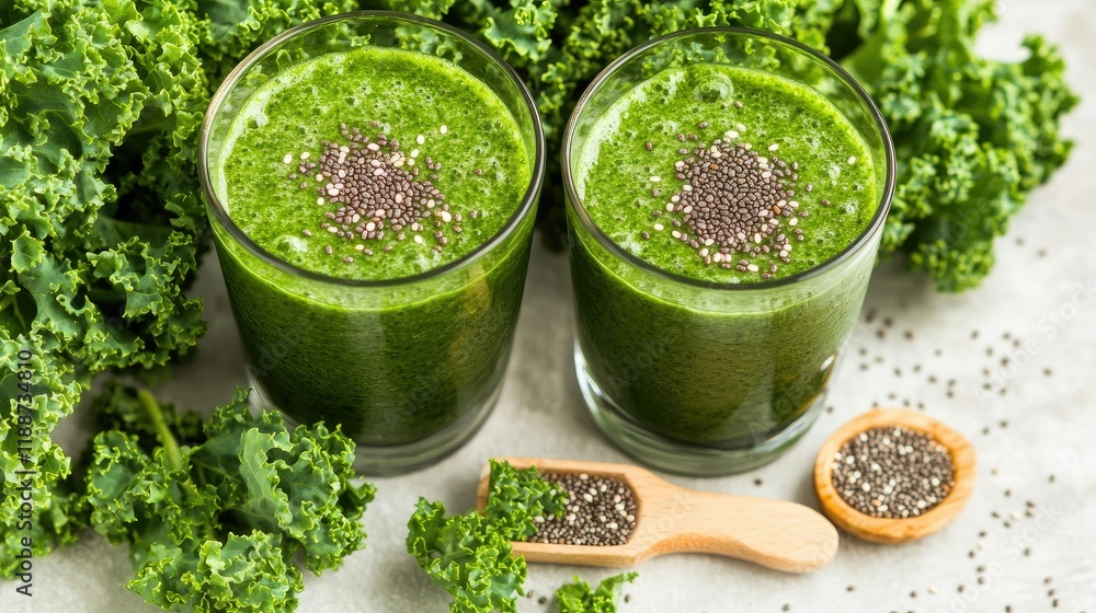 Two glasses of kale smoothie garnished with chia seeds, styled on a light gray background with fresh kale and a small wooden spoon of seeds Two glasses of kale smoothie garnished with chia seeds, styled on a light gray background with fresh kale and a small wooden spoon of seeds