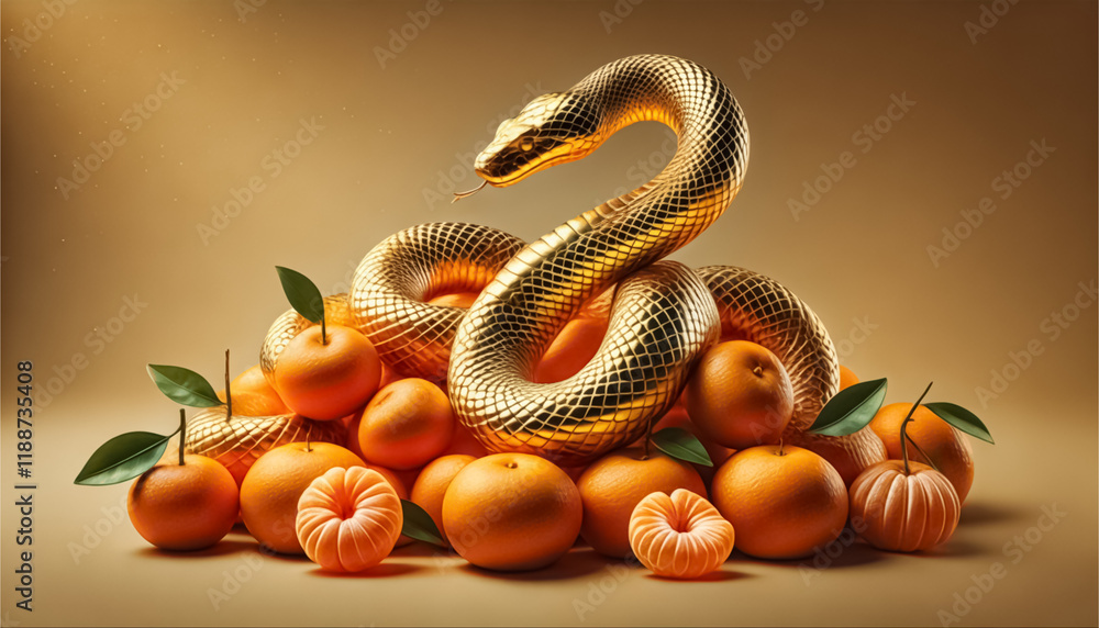 Fototapeta premium A golden snake elegantly coiled around a pile of fresh mandarin oranges with glowing highlights, symbolizing prosperity.