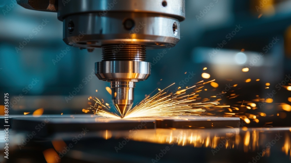 Precision metal cutting with sparks in a machine shop Precision metal cutting with sparks in a machine shop