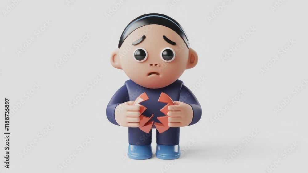 Sad cartoon character holding a broken heart. 3D illustration concept on a light background Sad cartoon character holding a broken heart. 3D illustration concept on a light background
