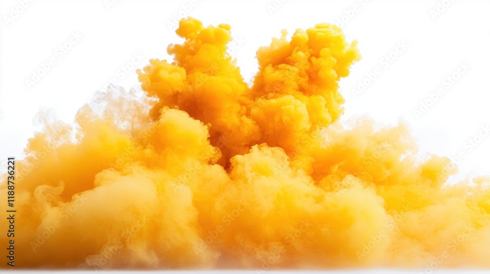Vibrant Yellow Smoke Explosion on White Background for Creative Use Vibrant Yellow Smoke Explosion on White Background for Creative Use