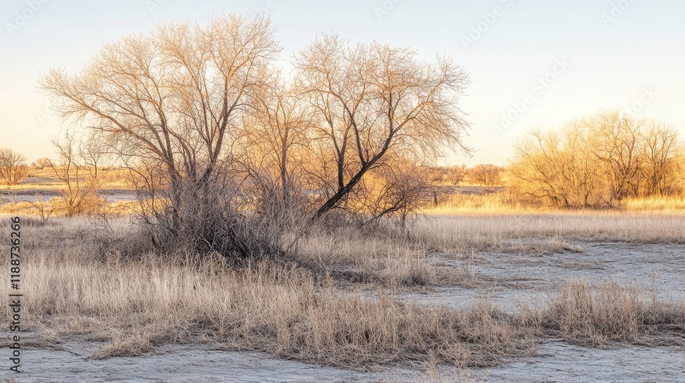 Serene Winter Landscape with Leafless Trees and Golden Grass under Soft Sunlight at Dusk in a Tranquil Natural Environment Serene Winter Landscape with Leafless Trees and Golden Grass under Soft Sunlight at Dusk in a Tranquil Natural Environment