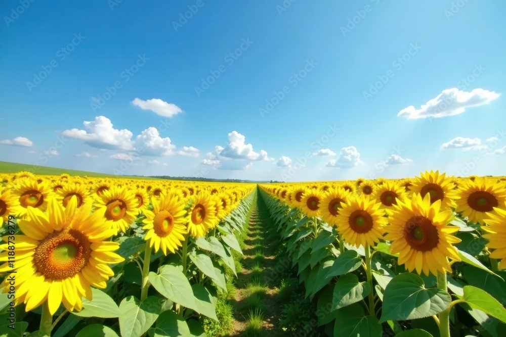 Fototapeta premium Endless rows of sunflowers, cloudless blue sky above, sunny, bloom