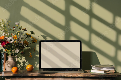 Wooden desk, laptop computer, dried flower arrangement, ceramic vase, books, sunlight shadows, interior design, minimalist workspace, warm tones, cozy home office, natural light, textured wall, vintag photo