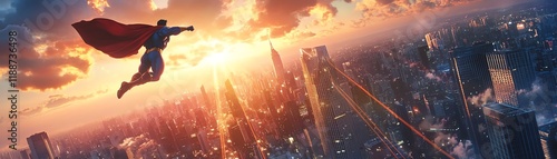 Superman flies over a futuristic city at sunset. Epic superhero action scene. Perfect for comic book, fantasy, and power themes.