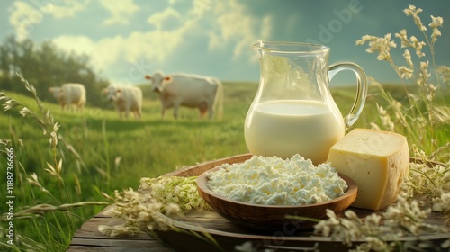Fototapeta Naklejka Na Ścianę i Meble -  Dairy products on a wooden tray, green meadow with cows, sunny summer, countryside