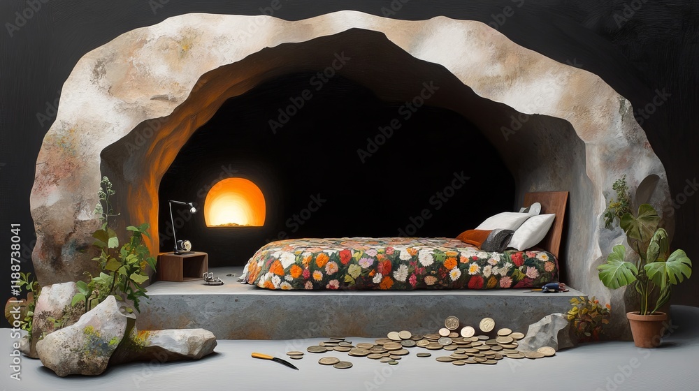 Fototapeta premium Cozy cave-inspired bedroom interior with floral bedding, soft lighting, decorative plants, and a warm sunset view, designed for relaxation and creativity.