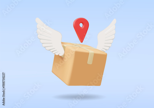 3D vector render illustration of a parcel box icon with white wings and a red location pin symbol on top. It conveys the concept of fast and accurate delivery of parcels to the specified location.