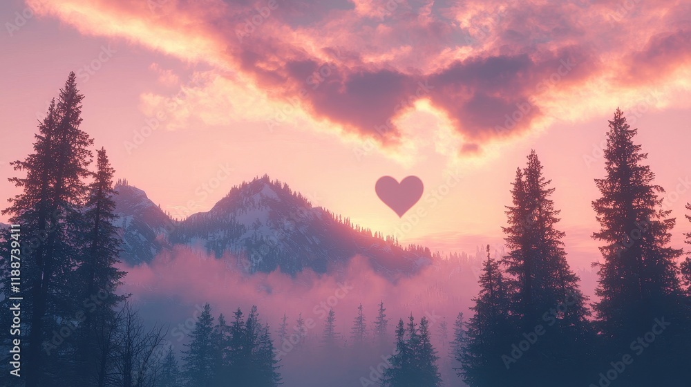 Obraz premium Romantic Pink Sunset Heart Shaped Cloud over Snowy Mountain and Pine Forest