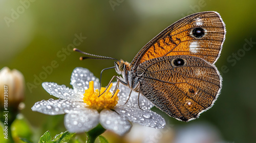 A butterfly sitting on a single flower in full bloom, with dewdrops on the petals and a soft focus background