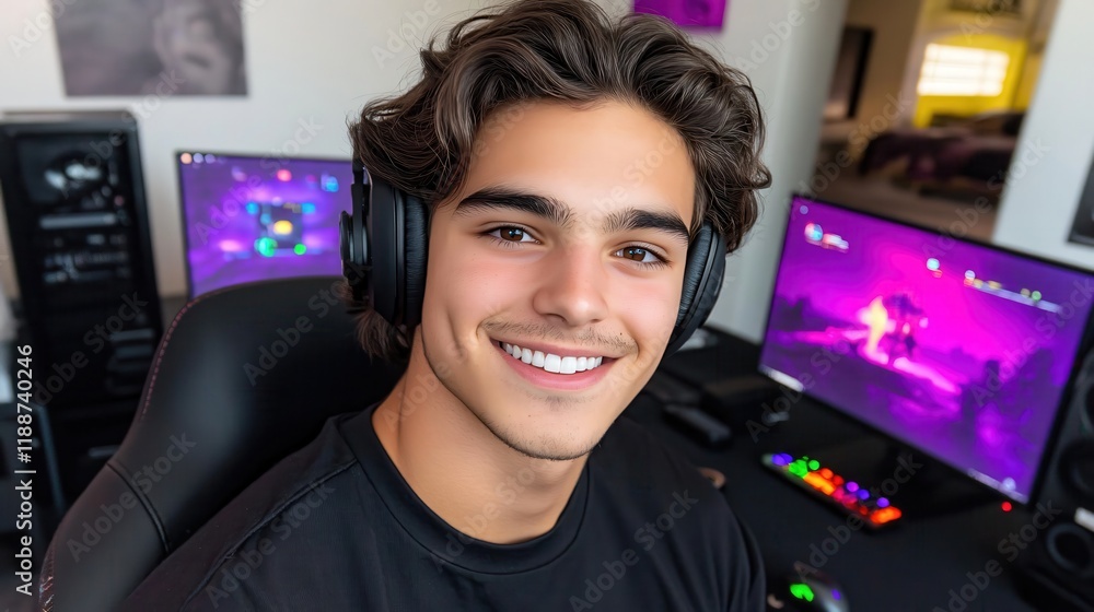 Happy Gamer Young Man Streaming Online Video Game Happy Expression Headphones Happy Gamer Young Man Streaming Online Video Game Happy Expression Headphones