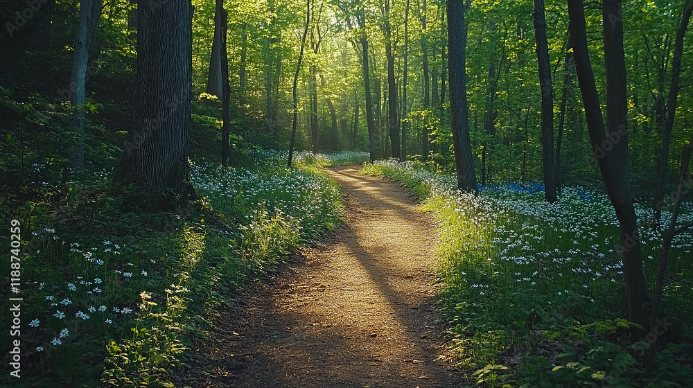 Obraz premium A winding path through a spring forest, with wildflowers blooming along the edges and dappled sunlight casting shadows on the trail