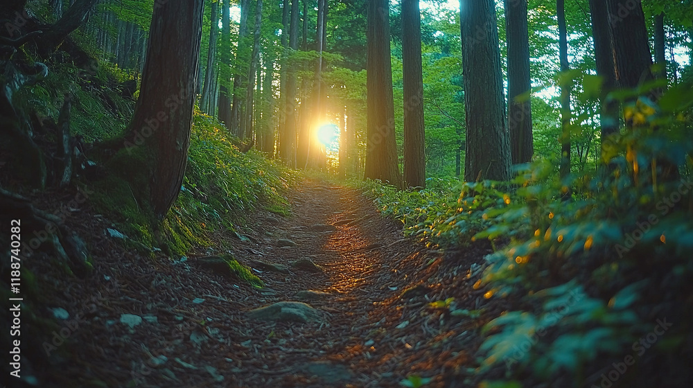 Fototapeta premium forest trail illuminated by the setting sun. The sunlight filters through tall, lush trees, casting long shadows and highlighting vibrant green foliage.