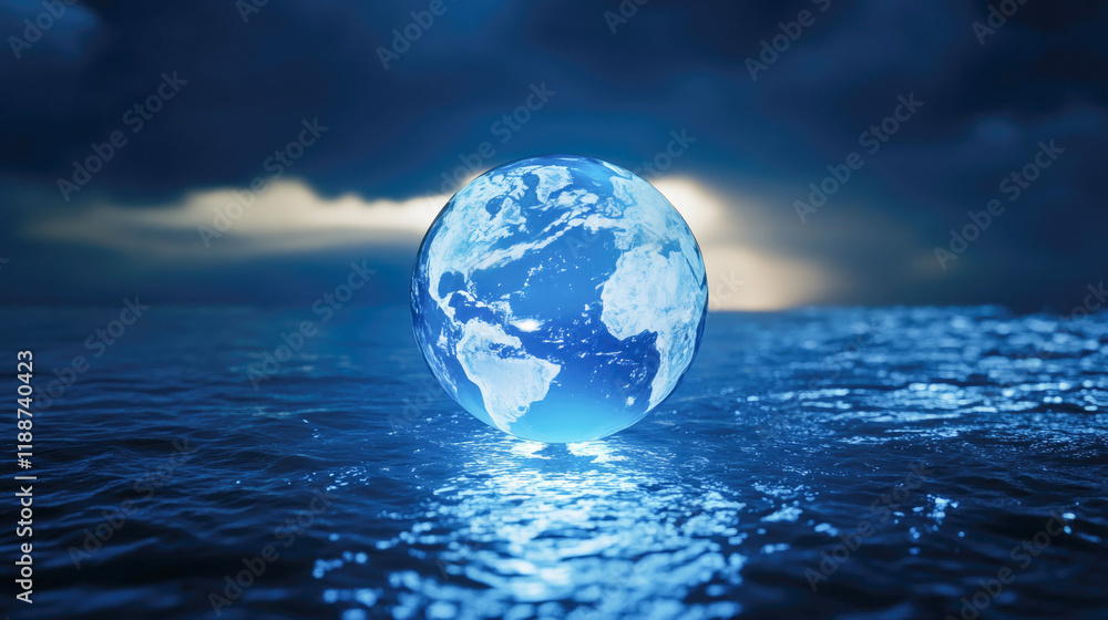 Glowing Earth's globe on water surface on evening cloudy sky background Glowing Earth's globe on water surface on evening cloudy sky background