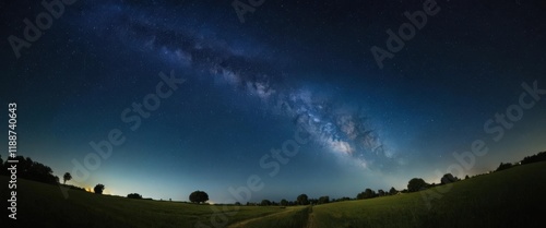 Milky Way galaxy over a serene countryside landscape at night.