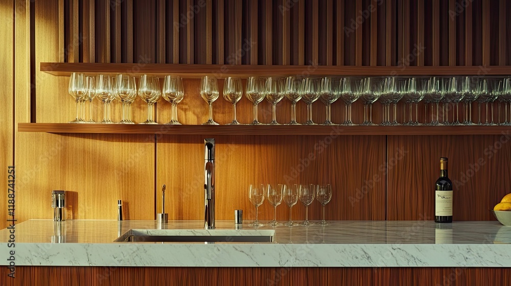 A designer kitchen with wine glasses hanging over a sleek marble counter. A designer kitchen with wine glasses hanging over a sleek marble counter.