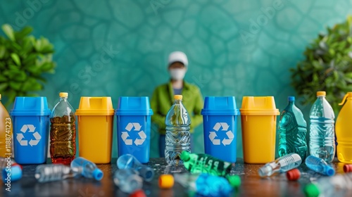 A worker wearing a mask and gloves sorts plastic bottles and containers for recycling. Suitable for articles about ecology, sustainable development and recycling. photo