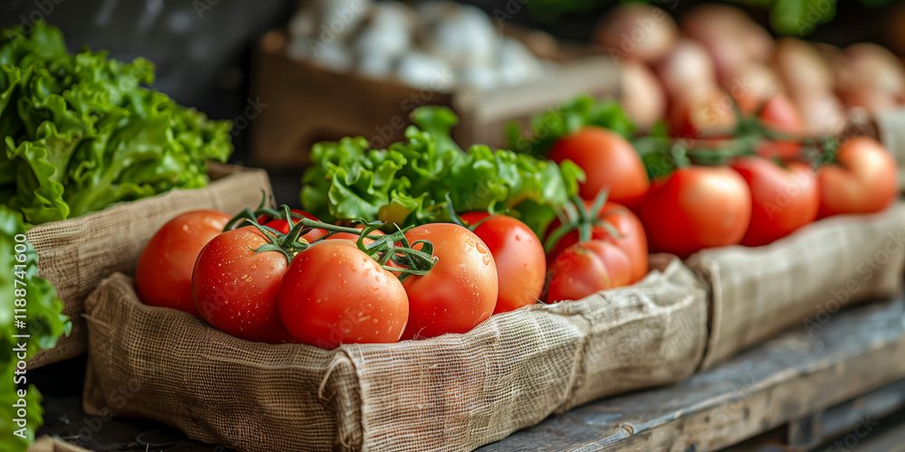 Fresh tomatoes and lettuce arranged at a market display Fresh tomatoes and lettuce arranged at a market display