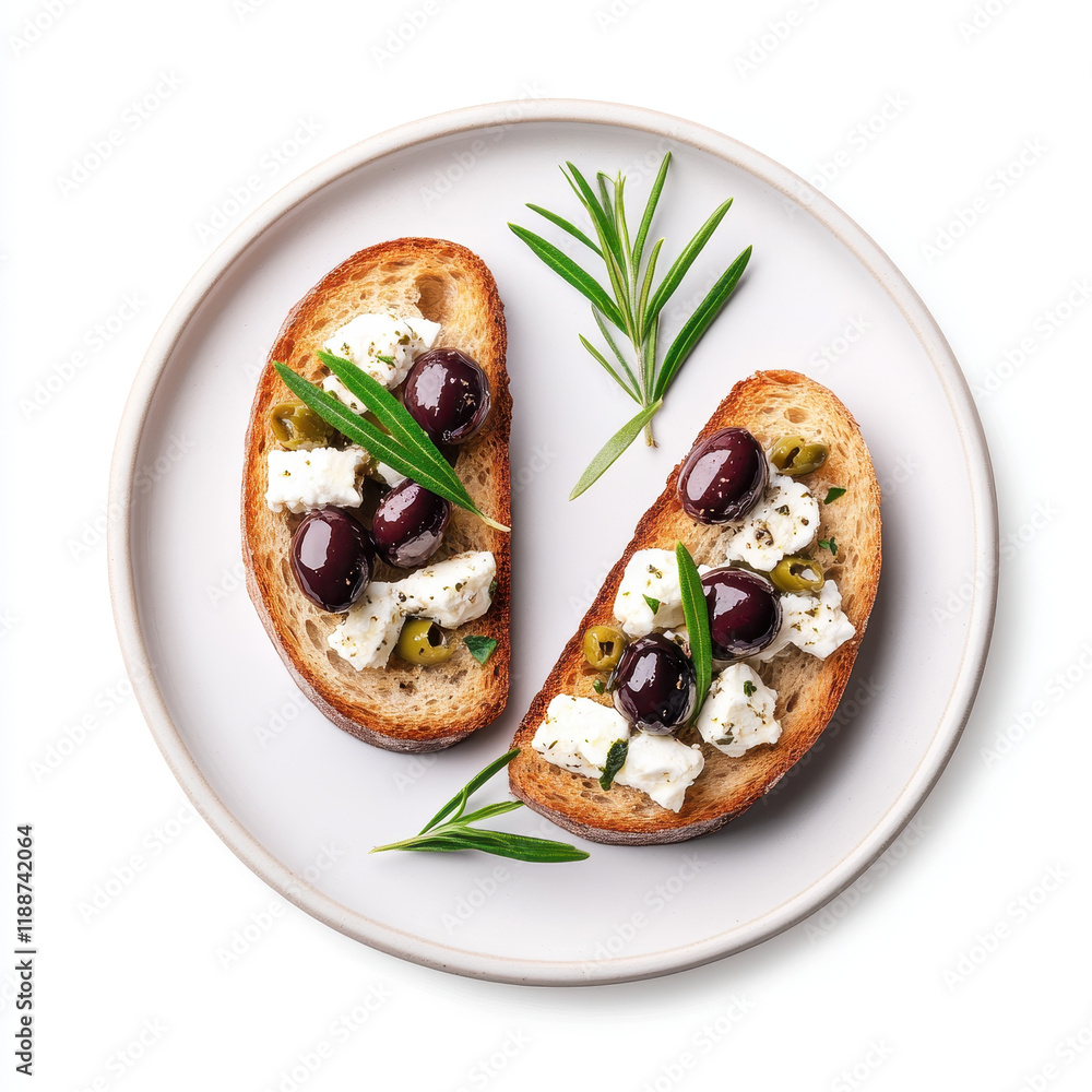 Toasted bread topped with marinated olives and cheese, garnished with herbs