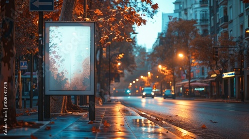 An empty billboard on a city street in the evening. Ideal for showcasing the urban environment, advertising campaigns or poster and billboard design. photo