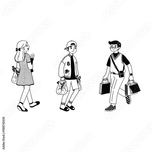 Retro monoline doodle retail people shopping mall