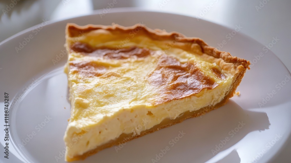 A Slice of Creamy, Golden-Brown Custard Tart on a White Plate A Slice of Creamy, Golden-Brown Custard Tart on a White Plate
