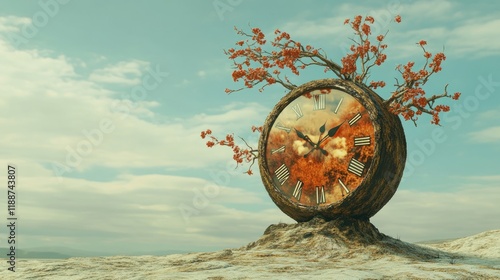 Surreal clock with tree growing from it on a desolate landscape under a cloudy sky.